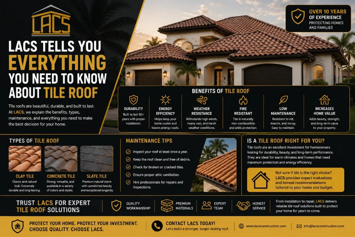 Photorealistic horizontal 16:9 cover image of a Florida suburban home with a terracotta tile roof in the foreground, a roofer in safety gear inspecting a few tiles near a valley and flashing, subtle signs of maintenance (tools bag, soft brush) without clutter; warm late-afternoon sunlight, clear sky, palm trees in background, crisp architectural details, shallow depth of field emphasizing the roof system layers (tiles, flashing edges), natural colors, high realism, no text, no logos, no watermarks